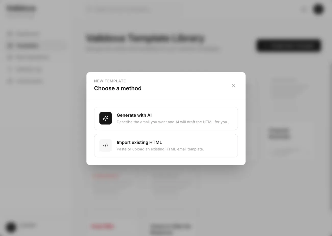 New template modal with Generate with AI and Import existing HTML options