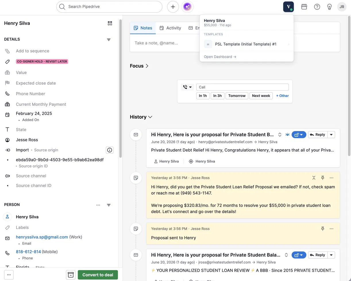 Pipedrive CRM with Validova widget showing deal context and template selection