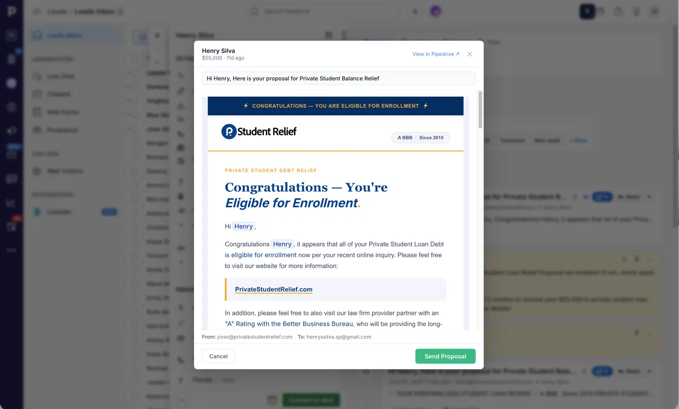 Proposal preview modal in Pipedrive showing the HTML email before sending